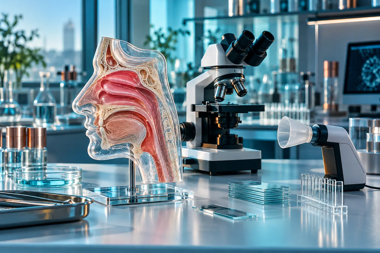 Modello anatomico del naso, microscopio e strumenti per citologia nasale