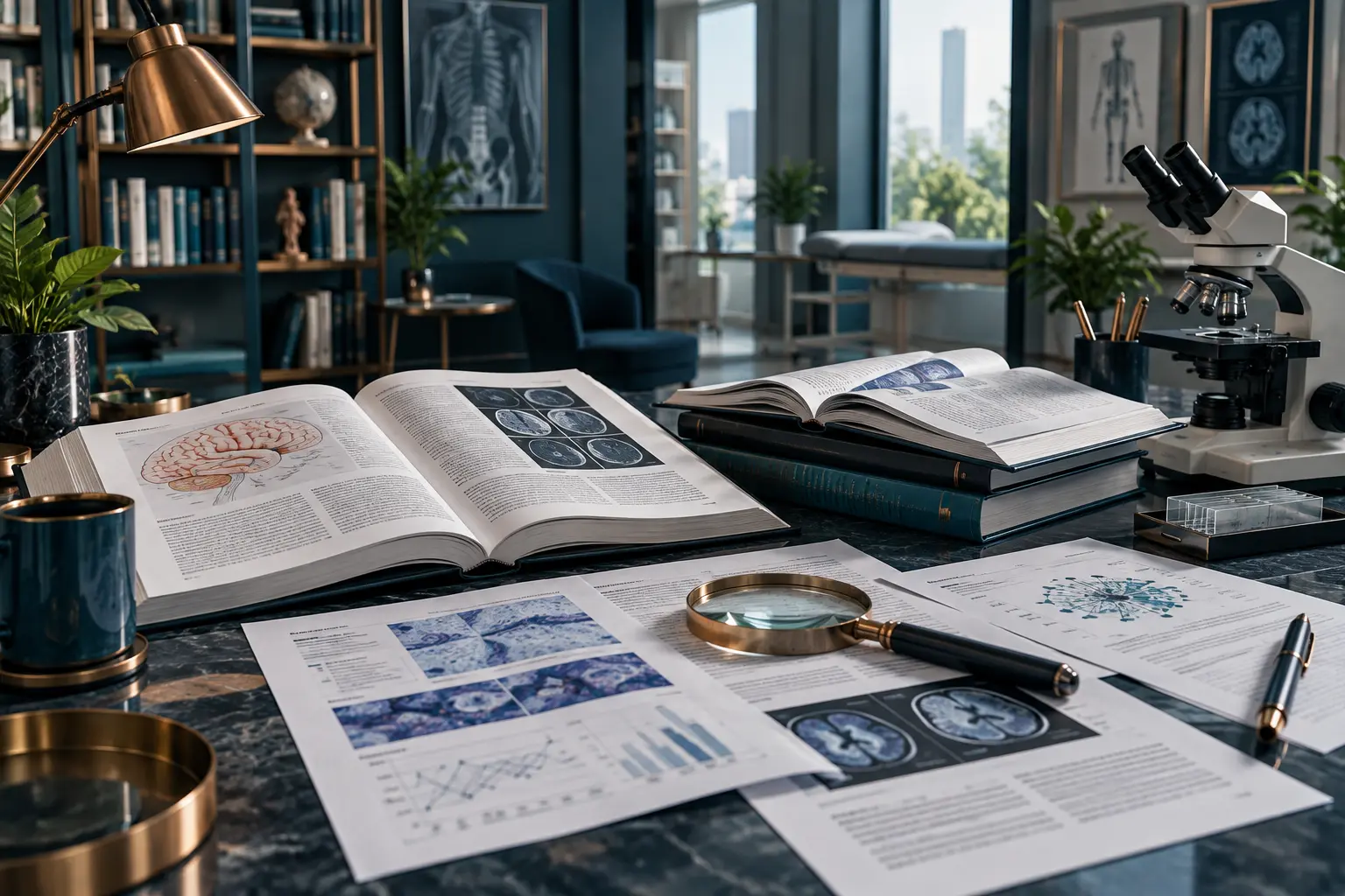 Libri medici, articoli scientifici e microscopio in uno studio